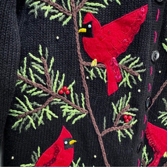 Vintage 1990s Knit Bird Pine Tree Graphic Cardigan Sweater Button Up Size Small - Picture 12 of 16